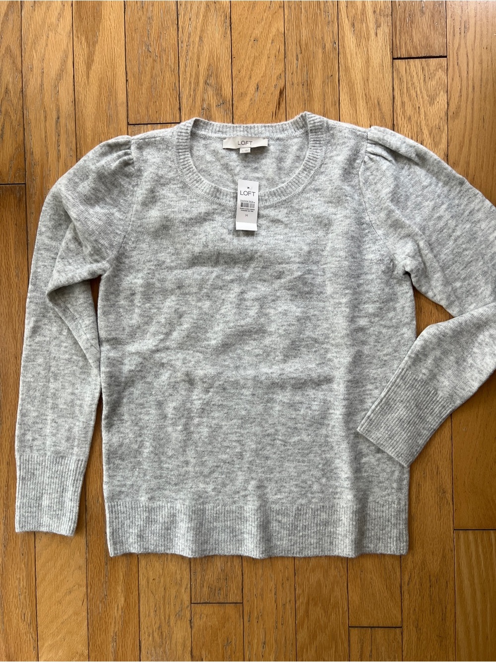 LOFT Light Gray Puff-Sleeve Knit Sweater